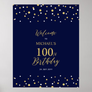 Goud & Navy Confetti 100ste Verjaardagsfeest Welko Poster