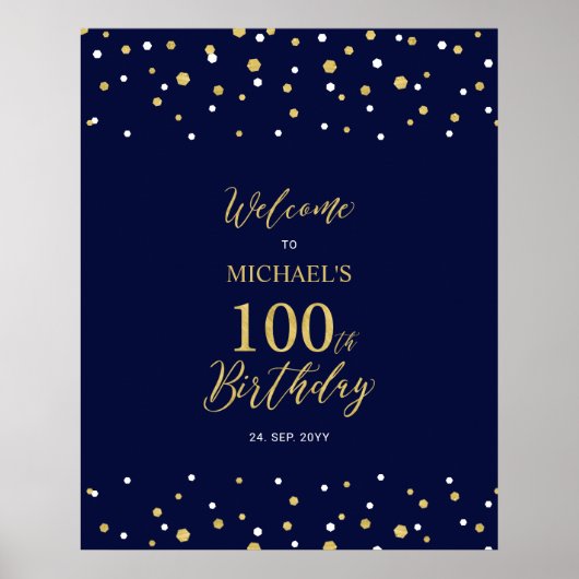 Goud & Navy Confetti 100ste Verjaardagsfeest Welko Poster (Voorkant)