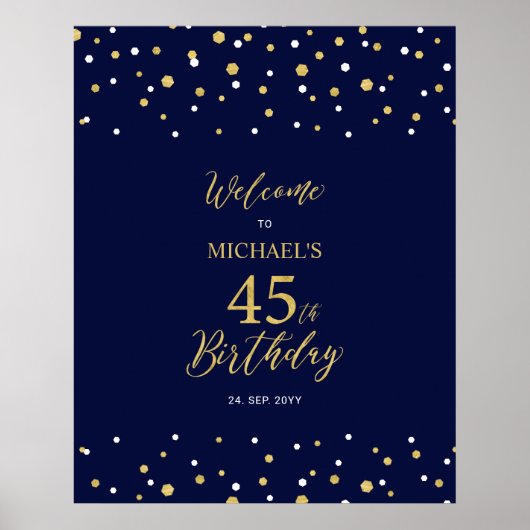 Goud & Navy Confetti 45e Verjaardagsfeest Welkom Poster (Voorkant)