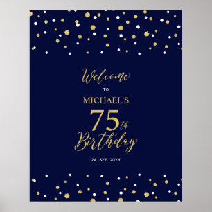 Goud & Navy Confetti 75ste Verjaardagsfeest Welkom Poster