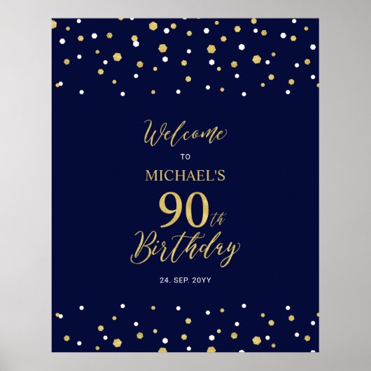 Goud & Navy Confetti 90ste Verjaardagsfeest Welkom Poster (Voorkant)