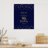Goud & Navy Confetti 90ste Verjaardagsfeest Welkom Poster (Keuken)