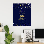 Goud & Navy Confetti 90ste Verjaardagsfeest Welkom Poster (Thuiskantoor)