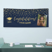 Goud & Navy Confetti Felicitaties Afstudeerfeest Spandoek (Beurs)
