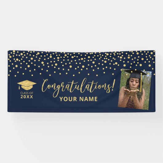 Goud & Navy Confetti Felicitaties Afstudeerfeest Spandoek (Horizontaal)