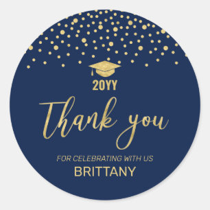 Goud & Navy Confetti Moderne Afstudeerfeest Favor Ronde Sticker