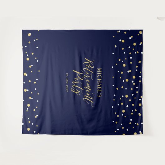 Goud & Navy Confetti Pensioenfeest Achtergrond Wandkleed (Voorkant (horizontaal))