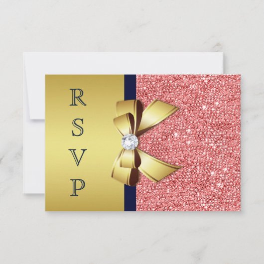 Goud Navy Coral Sequins Diamanten Bow RSVP (Voorkant)