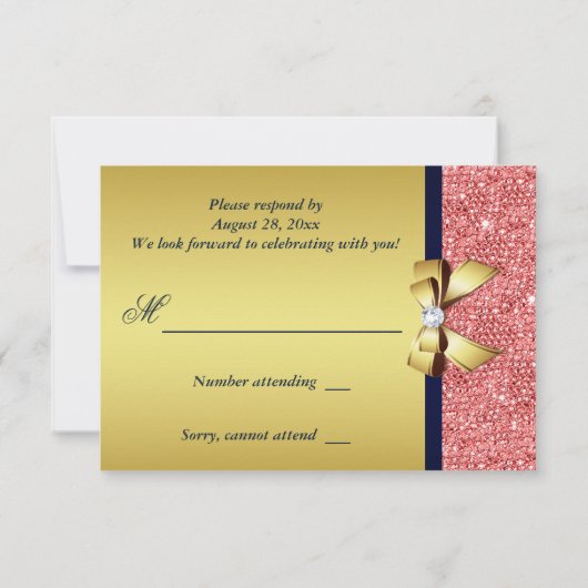 Goud Navy Coral Sequins Diamanten Bow RSVP (Achterkant)