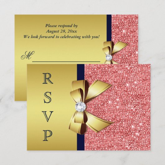 Goud Navy Coral Sequins Diamanten Bow RSVP (Voorkant / Achterkant)