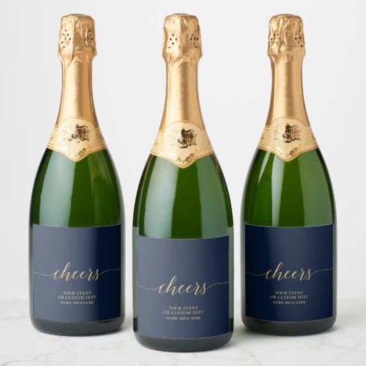 Goud & Navy Elegante Script Wensen Feest Favor Sparkling Wijnetiket (Flessen)