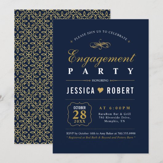 Goud & Navy | Elegante verlovingsfeest uitnodiging (Voorkant / Achterkant)