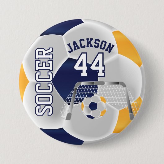 Goud, Navy en Wit Personaliseren Voetbal Ronde Button 7,6 Cm (Voorkant)