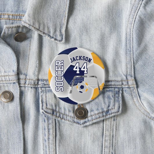 Goud, Navy en Wit Personaliseren Voetbal Ronde Button 7,6 Cm (In situ)