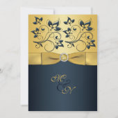Goud, Navy Floral Monogram bruiloft uitnodiging (Voorkant)