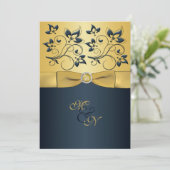 Goud, Navy Floral Monogram bruiloft uitnodiging (Staand voorkant)