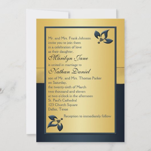 Goud, Navy Floral Monogram bruiloft uitnodiging (Achterkant)