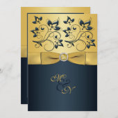 Goud, Navy Floral Monogram bruiloft uitnodiging (Voorkant / Achterkant)