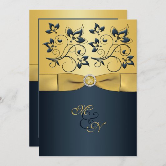 Goud, Navy Floral Monogram bruiloft uitnodiging (Voorkant / Achterkant)