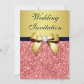 Goud Navy Koraal Sequins Diamanten Boog Bruiloft Kaart (Voorkant)