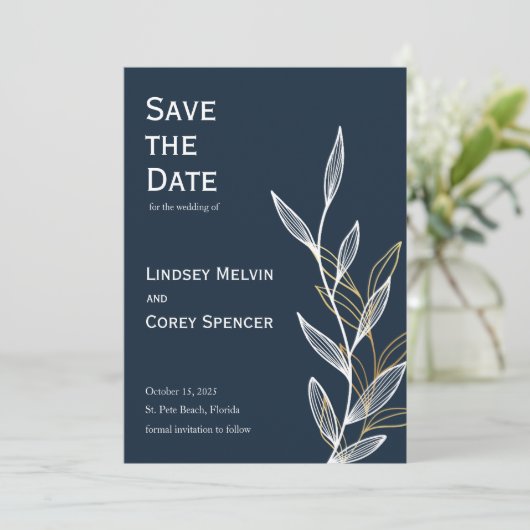 Goud Navy Leaf Bruiloft Save the Date Kaart (Staand voorkant)