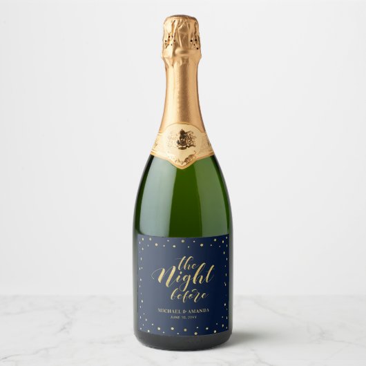 Goud & Navy Modern Confetti Oefendiner Sparkling Wijnetiket (Voorkant)