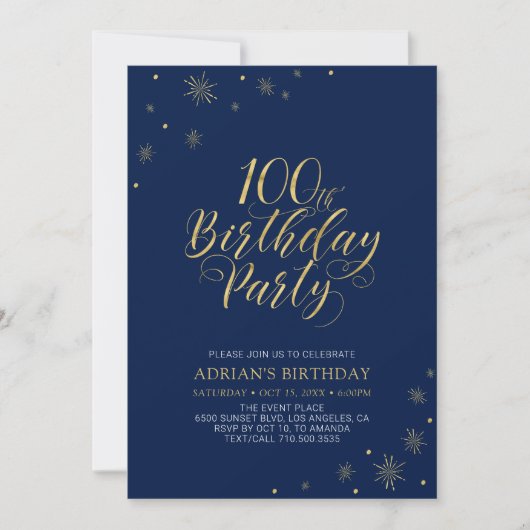 Goud & Navy | Moderne Chic 100ste Verjaardagsfeest Kaart (Voorkant)
