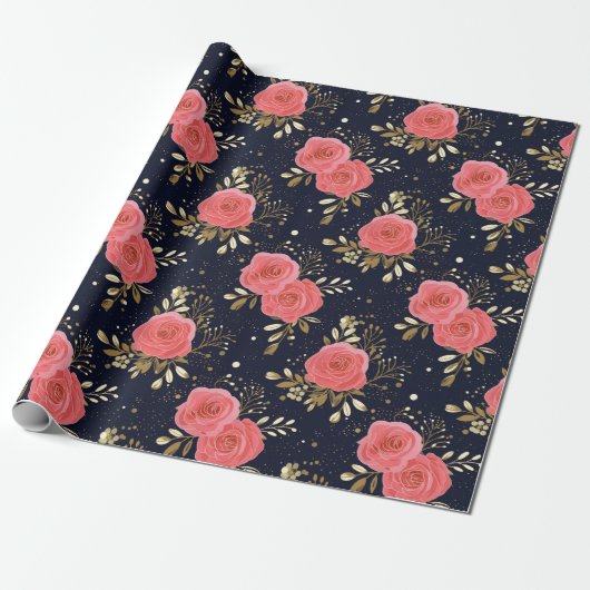 Goud, Navy & Roze Hand getrokken Roos Bloemenpatro Cadeaupapier (Uitgerold)
