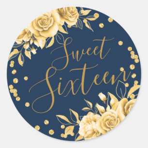 Goud Navy Sweet 16 Verjaardag Bloemen Glitter Ronde Sticker