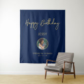 Goud & Navy Verjaardagsfoto Feest Achtergrond Wandkleed (In situ)