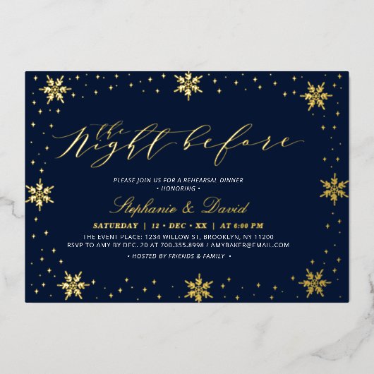 Goud & Navy Winter Sneeuw Koppels Trouw Bruidsfees Folie Uitnodiging (Voorkant)