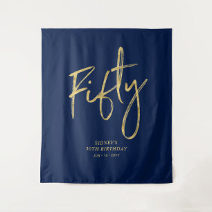 Goud & Navyblauw 50ste verjaardagsfeest achtergron Wandkleed