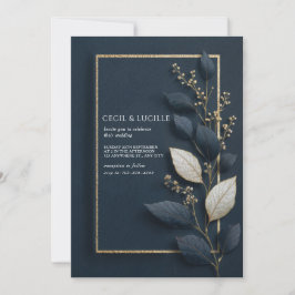 Goud Navyblauw Botanisch blad Winterhuwelijk Kaart
