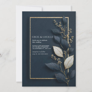 Goud Navyblauw Botanisch blad Winterhuwelijk Kaart