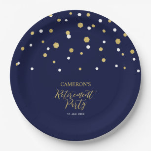 Goud & Navyblauw Chic Confetti Pensioenfeest Papieren Bordje
