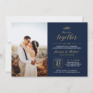 Goud & Navyblauw Elegante Foto Huwelijksjubileum Kaart