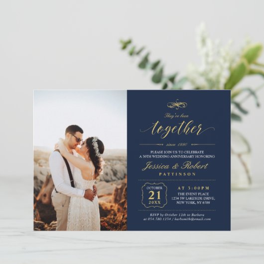 Goud & Navyblauw Elegante Foto Huwelijksjubileum Kaart (Staand voorkant)