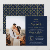 Goud & Navyblauw Elegante Foto Huwelijksjubileum Kaart (Voorkant / Achterkant)