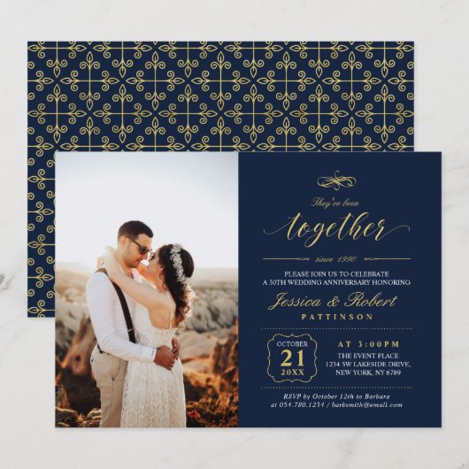 Goud & Navyblauw Elegante Foto Huwelijksjubileum Kaart (Voorkant / Achterkant)