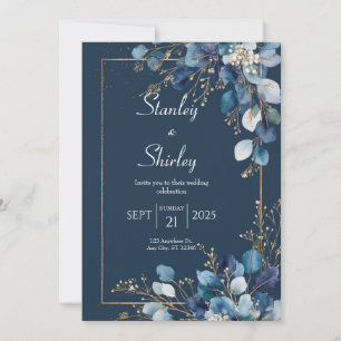 Goud Navyblauw Eucalyptus Winter Huwelijk Kaart