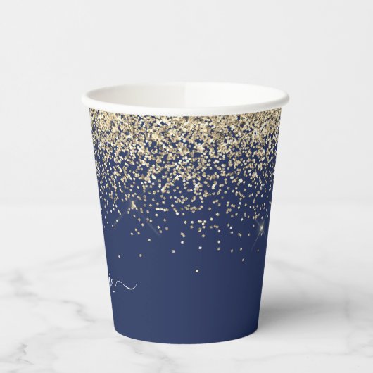 Goud Navyblauw Glitter Glans Monogram Papieren Bekers (Links)