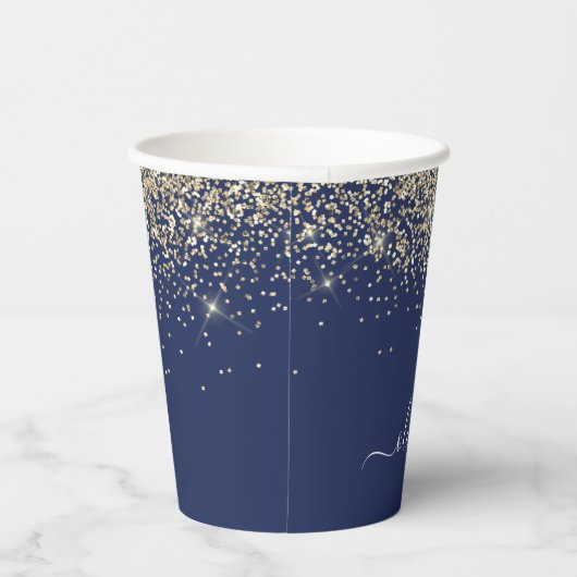 Goud Navyblauw Glitter Glans Monogram Papieren Bekers (Rechts)