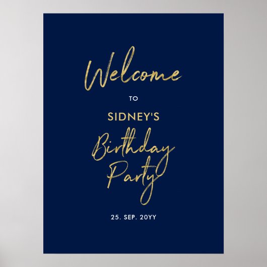 Goud & Navyblauw Modern Verjaardagsfeest Welkom Poster (Voorkant)