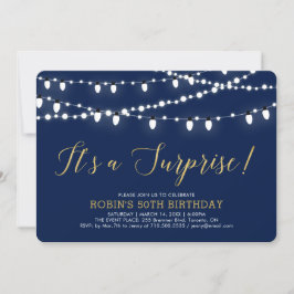 Goud & Navyblauw | Verrassingsfeestje 50e verjaard Kaart