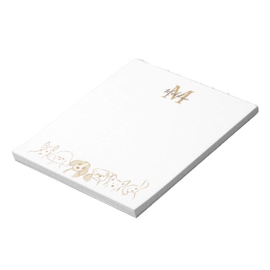 Goud Neutraal Pop Dog Patroon Elegant Monogram Notitieblok (Linkerzijde)