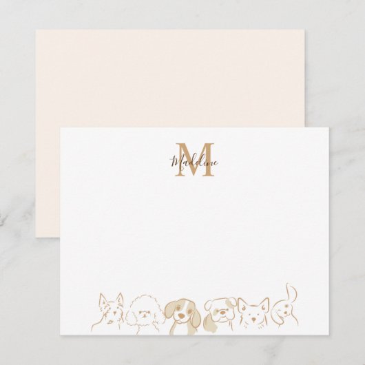 Goud Neutraal Pop Dog Patroon Elegant Monogram Notitiekaartje (Voorkant / Achterkant)
