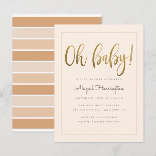Goud Oh Baby Perzik Geslacht Neutrale Baby Shower Uitnodiging Briefkaart (Voorkant / Achterkant)