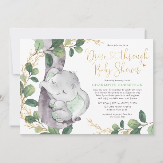 Goud-olifant, zoet, groen, met Baby shower Kaart (Voorkant)