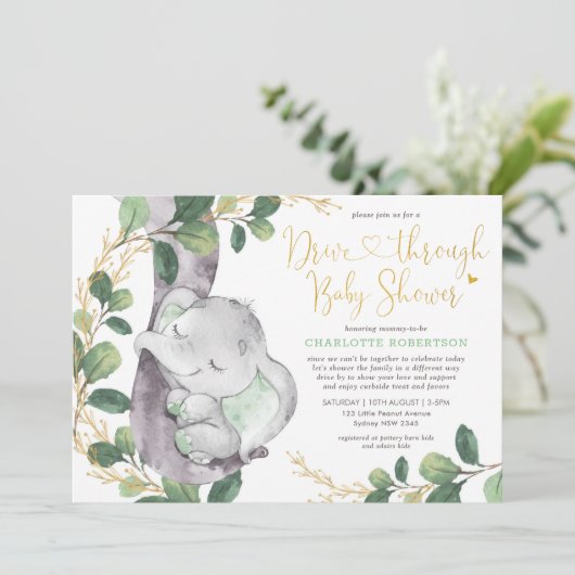 Goud-olifant, zoet, groen, met Baby shower Kaart (Staand voorkant)