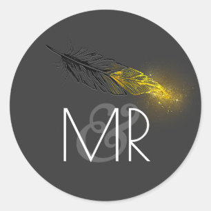 Goud ondergedompeld veer glitter zwart bruiloft ronde sticker